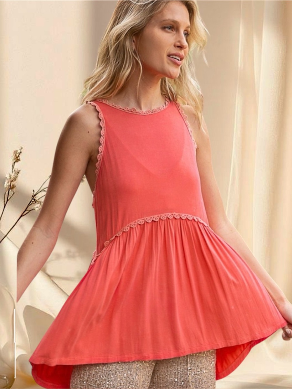 POL Coral Babydoll Top Flowy Silhouette Sleeveless Tank Top - Picture 6 of 8